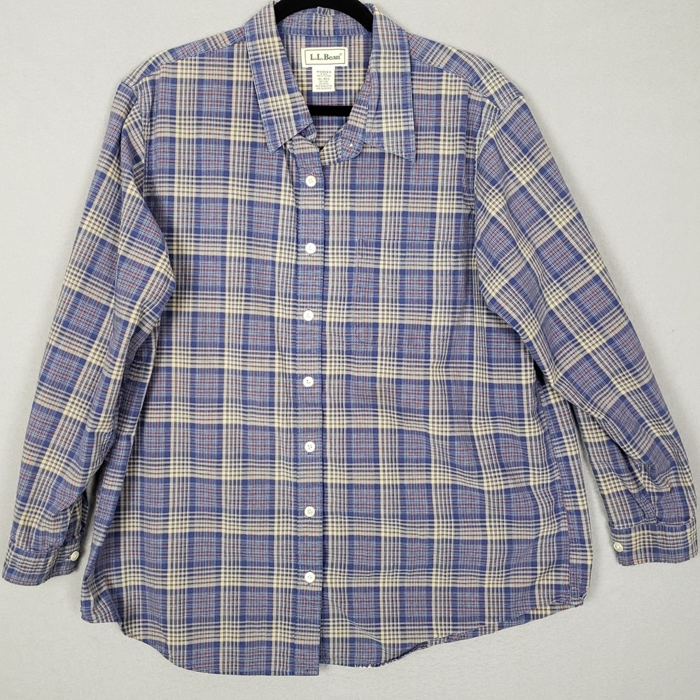 L.L Bean Flannel Button Up Blue Yellow Plaid 100% Cotton Fall Granola Girl Cabin - Picture 2 of 10